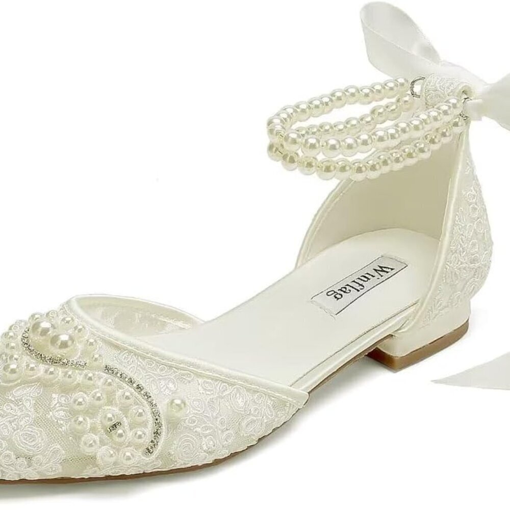 Pearl Wedding Flats Women Lace Pointed Toe Bridal Shoes for Bride and Special Oc